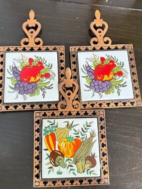 Vtg 1984 Fruit Veg Cast Iron Ceramic Trivet Tile Wall hang Action Ind Lot Of 3